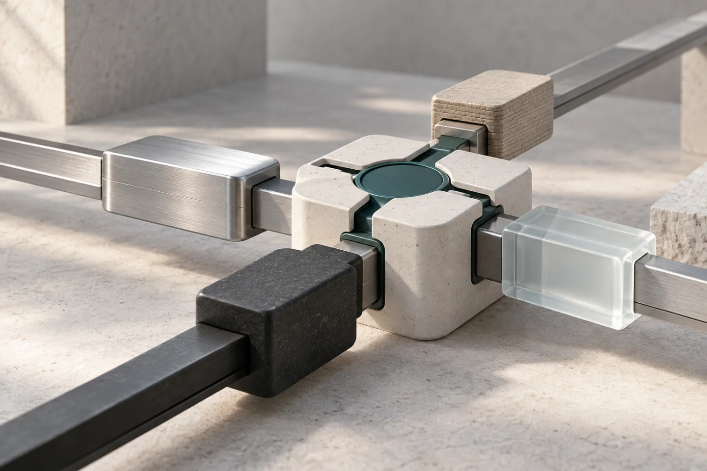 Different material connectors meeting in one durable central hub